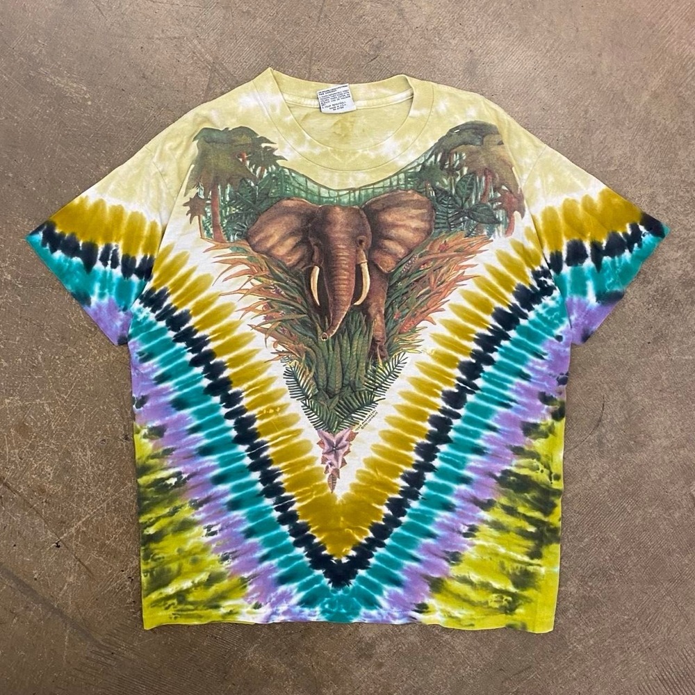 Vintage Liquid Blue 90s Elephant Tie Dye AOP Jungle Nature T-Shirt Size XL